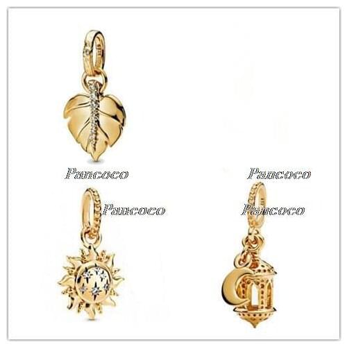 925 Sterling Silver Bead Shine Shining Leaf Dangle Charm Fit Pandora Bracelets & Necklace Women Diy Jewelry