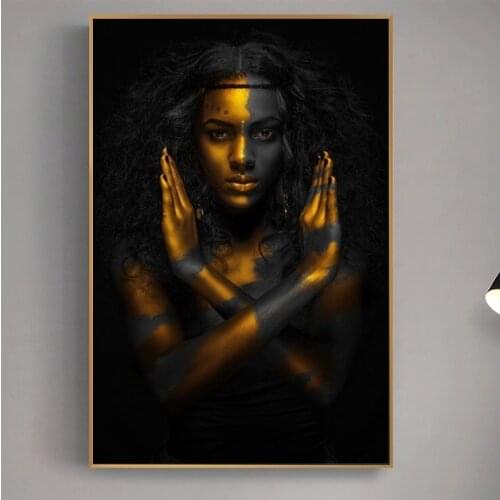 Black and Gold African Nude Woman Indian Oil Painting on Canvas Posters and Prints Scandinavian Wall Art Picture for Living Room