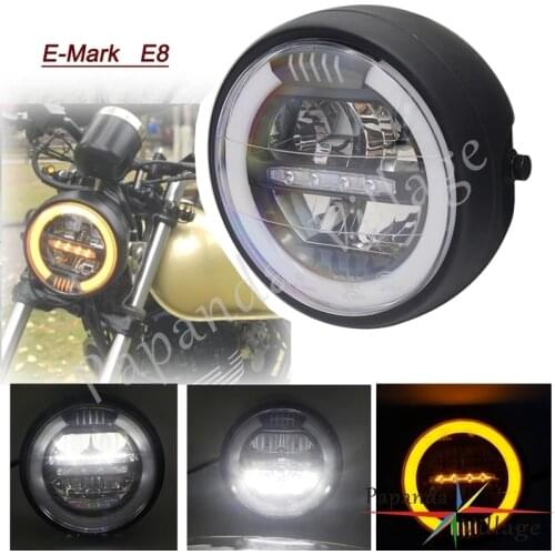 E-Mark E8 7" Motorcycle LED Retro White Amber Headlight Daytime Running Light High/Low Beam DRL Head Lamp Cafe Racer Bobber