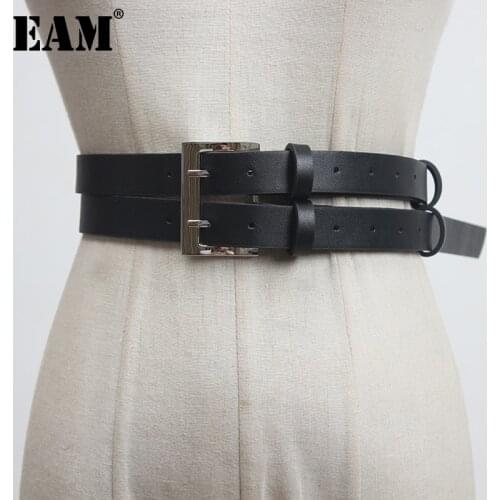 [EAM] Pu Leather Black Double Layers Split Long Wide Belt Personality Women New Fashion All-match Spring Autumn 2021 1DA529
