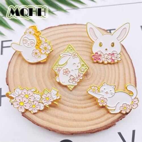 Cartoon Cute Animals Bunny Cat Enamel Pins Golden Flower Sakura Garland Alloy Brooch Badge Clothes Accessories Woman Jewelry