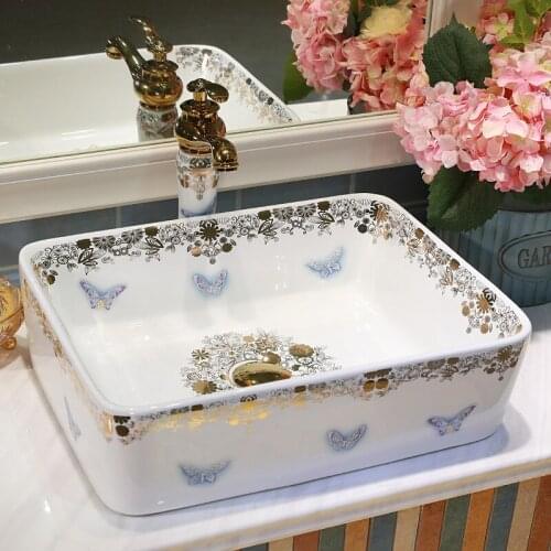 Porcelain bathroom ceramic counter top sink wash basin popular in europe art basin antique wash sink rectangular