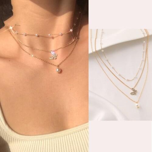 Temperament Multi-layer Pearl Butterfly Necklaces For Women Girls Trendy Elegant Style Animal Pearl Pendant Necklace Jewelry