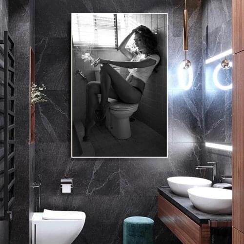 Sexy Smoking Women Sitting on the Toilet Canvas Painting Wall Art Poster and Prints Modern Black White Bathroom Decor Picture