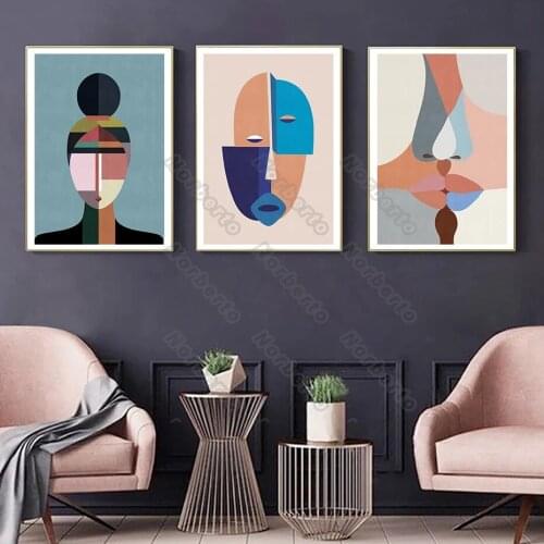 Nordic Style Canvas Painting Poster and Print Colorful Art Figure Face Kiss Blue Pink Black Colors for Home Rooms Wall Decoratio