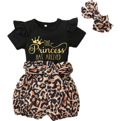 Summer Newborn Baby Girls 3-piece Outfit Set Short Sleeve Letter Print Romper+Leopard Shorts+Headband Set