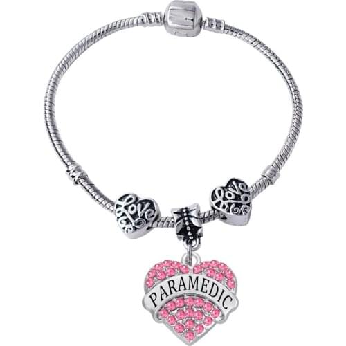 Colorful rhinestone crystal inlaid heart-shaped metal PARAMEDIC pendant big hole loose beads bangle dropship