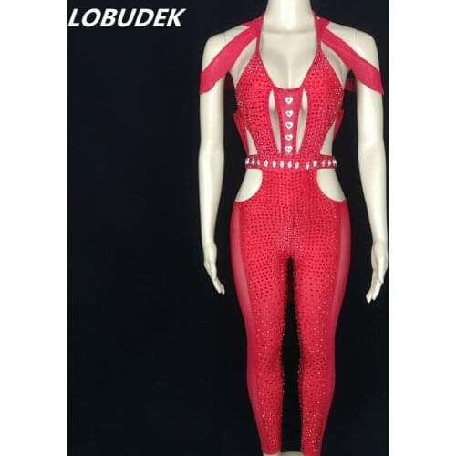 Bar Nightclub Gogo Dance Costume Sexy Hollow Backless Bandage Red Rhinestones Jumpsuit Female Singer Dancer Party Stage Wear