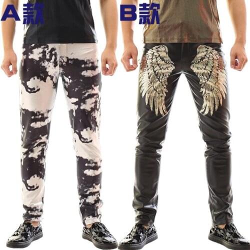 Stage personality men pants camouflage leather pant men trousers singer dance rock pantalon homme street star style novelty punk
