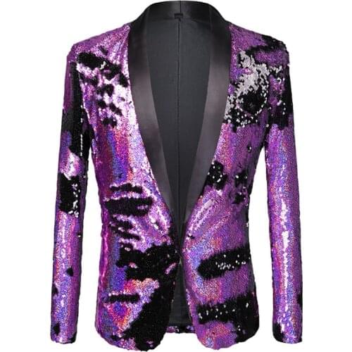 Men Double Sided Flip Sequin Purple Blazer Bar Nightclub DJ Male Singer Shiny Sim Fit Tuxedo Host Master Formal Stage Costume