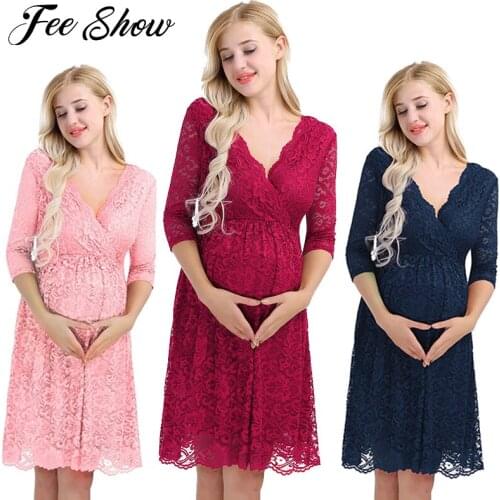 Maternity Clothes Spring and Autumn Pregnant Women Floral Lace Dress Casual Sexy V Neck 3/4 Sleeve Solid A-line Dresses Vestidos