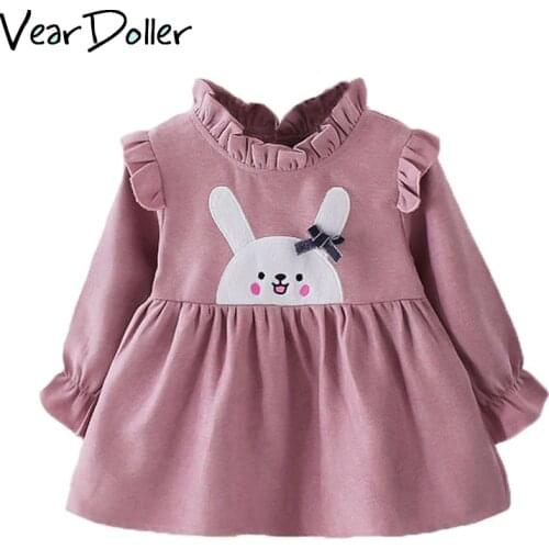 VearDoller Girl Casual Dresses Autumn Long Sleeve Childrens Clothing Cartoon Rabbit Pattern Ruffles Kids Dresses for Girl Dress