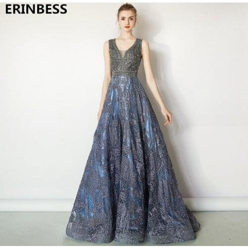 Sexy V Neck V-back Lace Applique Blue Evening Dresses Long Dress Prom Gowns A-line Evening Dress 2020 New Style Vestido De Festa
