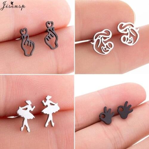 Jisensp Korean Style Simple Fashion Sweet Stud Earrings for Women Ear Piercing Heart Gesture Earrings Stainless Steel Jewelry