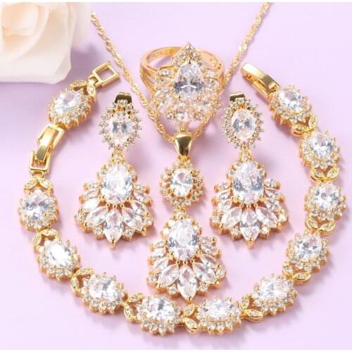 Wedding Big Jewelry Sets Necklace And Bracelet White Cubic Zirconia Long Earrings Pendant Gold Color African Women Accessories