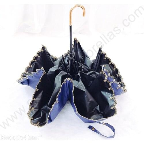 Three fold manual 210T pongee black coating strong anti-uv 50+ umbrella fiberglass embroidery golden windproof parasol