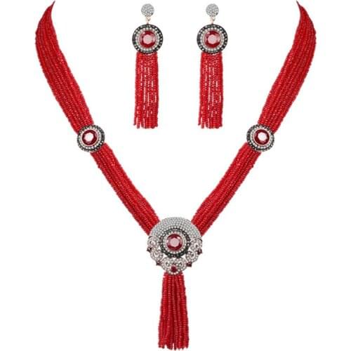 Turkish Ethnic Women Vintage Strand Bead Necklace Earrings Flower Long Pendant Sweater Chain Bohemia Antique Wedding Jewelry Set