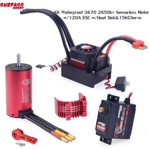 Surpass Hobby KK Waterproof 3670 2650kv Sensorless Brushless Motor w/ ESC 120A w/Heat Sink +15KG Gear Servo For 1/10 RC Car