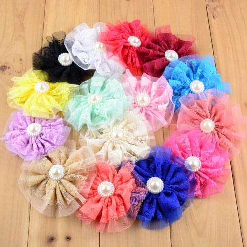 Yundfly 10pcs Lace Flower Accessories Shabby Shredded Flower With Acrylic Pearl Button For Baby Headbands diy hair accessories