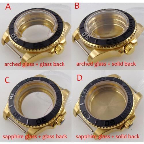 BLIGER fit NH35A NH36A ETA 2836 MIYOTA SUB Yellow Gold 40mm Automatic Watch Case Domed Glass Brushed Insert Screwdown Crown