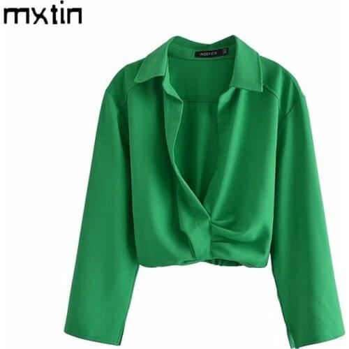 MXTIN 2021 Women Spring Fashion Solid Folds Cropped Blouses Vintage Lapel Collar Long Sleeve Elastic Waist Casual Slim Top Mujer