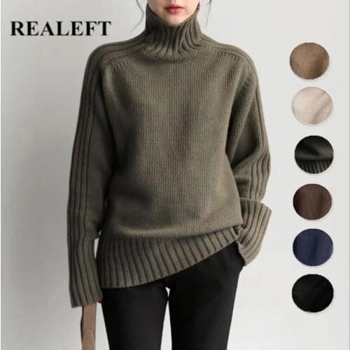 REALEFT Elegant Autumn Winter Oversized Women Sweater New Solid Loose Turtleneck Knitted Sweaters Long Sleeve Pullover Female