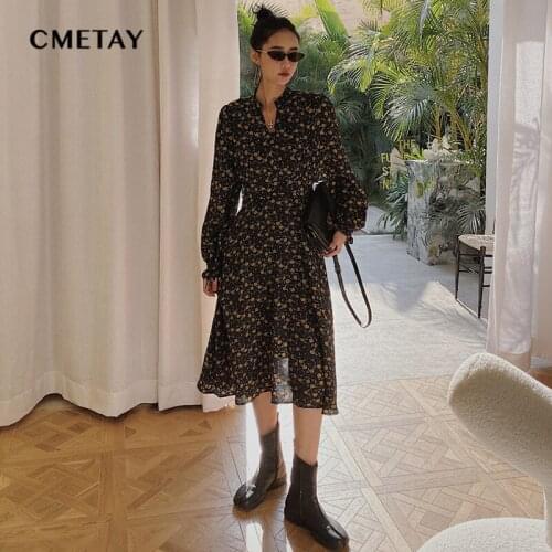 2021 Autumn New Korean Version Of Long Sleeved V Neck Floral Chiffon Dress Women Vestidos De Mujer Elegant Party Dresses