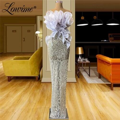 Lowime Elegant Beaded Formal Long Evening Dresses 2021 Couture Strapless Plus Size Dubai Middle East Women Celebrity Dress Party