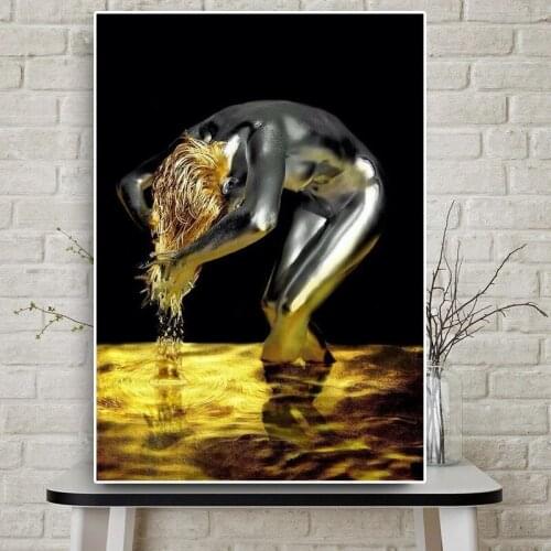 Golden Liquid Black Nude Woman Canvas Painting Wash Hair Cuadros Posters and Prints Scandinavian Wall Pictures for Living Room