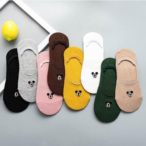 Disney 1pair Mickey Girl Socks cartoon Harajuku mouse on-slip boat socks mouth embroidery Mickey Mouse stealth female socks