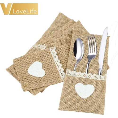 100pcs Jute Hessian Tableware Pouch Pocket Love Cutlery Knife Fork Holder for Rustic Wedding Party Decoration Supplies