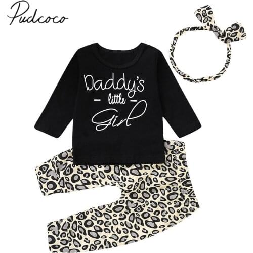 2019 Brand New Newborn Baby Girl 3PCS Outfits Clothes Set Long Sleeve Cotton Letter Printed T-shirt Tops Leopard Pant Headband