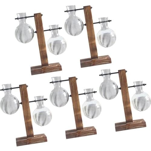 5 Packs Clear Glass Planter Bulb Vase with Vintage Wood Stand Holder for Plants Home Garden Office Decoration - 2 Bulbs