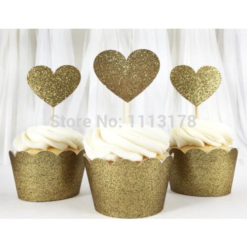 Free shipping cupcake wrapper Laser-Cut Cupcake Wrappers Birthday Party holders with gold Glitter Cupcake Toppers Supplies