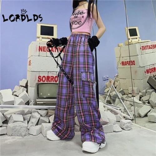 LORDLDS Women Purple Plaid Pants Summer Loose Style Wide Leg Trousers High Waist Streetwear Women Sweatpants Korean Clothes