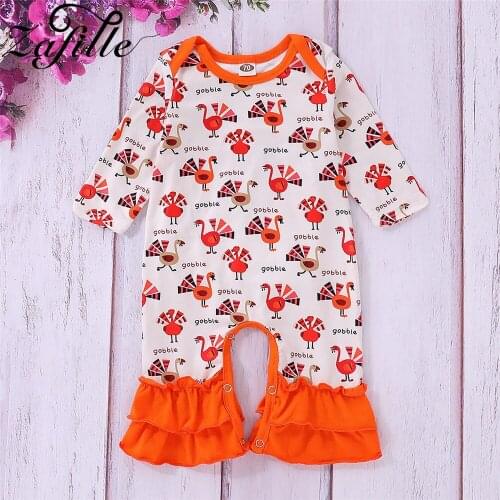 ZAFILLE Baby Thanksgiving Costume 2021 Autumn Baby Girls Romper My First Full Turkey Printed Flare Jumpsuit For Kids Toddler
