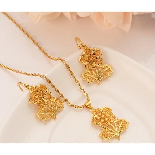 Ethiopian Gold Color Flower set Jewelry Pendant Chain Earrings African Bride Wedding Flower Bijoux Party Gifts