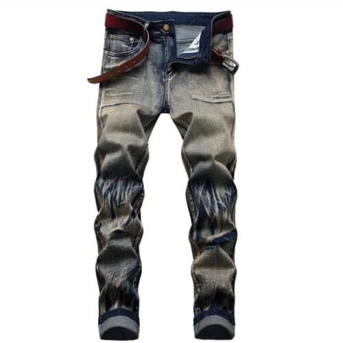 European and American Fashion Mens Brand Biker Jeans Original Retro Stretch Straight Men Denim Trousers Plus Size 29-42
