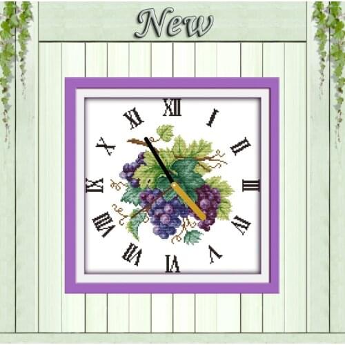 Purple grape clock face fruits painting counted print on canvas DMC 14CT 11CT Chinese Cross Stitch Needlework Set Embroider kits