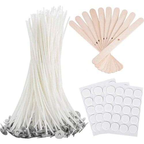 Bulk Candle Wicks 100 Pcs 6 Inch with 60Pcs Candle Wick Stickers and 10 Pcs Wooden Candle Wick Centering Device