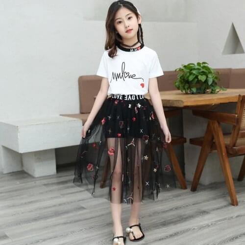 Children Summer Clothes Heart Pattern Girls Outfits Tshirt + Mesh Skirt Kids Girls Clothes Casual Style Tracksuits For Children