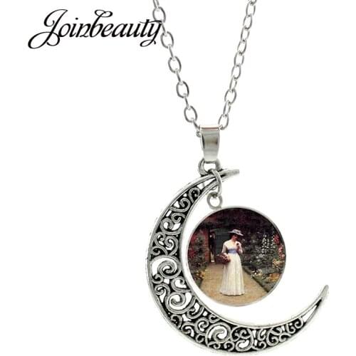 JOINBEAUTY Classical Graceful Women Moon Pendant Necklace Glass Cabochon Dome Women Picture Jewelry Handmade Party Gifts PE01