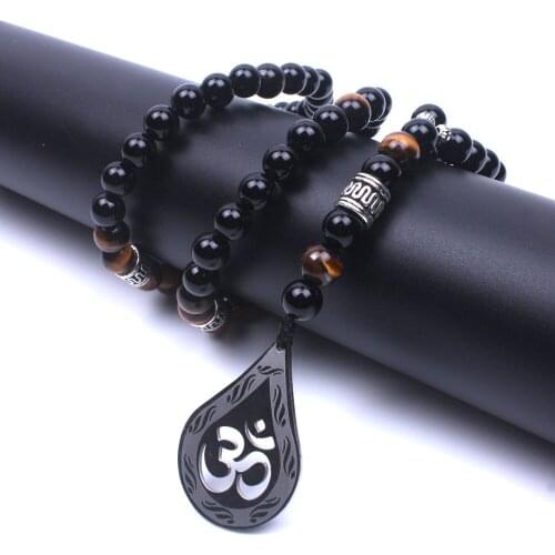 Natural Stone Onyx Tiger Eye Stone Beaded Women&Men Yoga Necklace Stainless Steel OM Long Necklace Handmad Fashion Jewelry