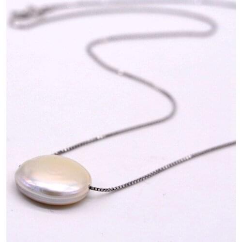 Baroque sterling silver necklace. Baroque pearl in natural coin shape. 14-15mm. 925 sterling silver. Womens Pearl Pendant