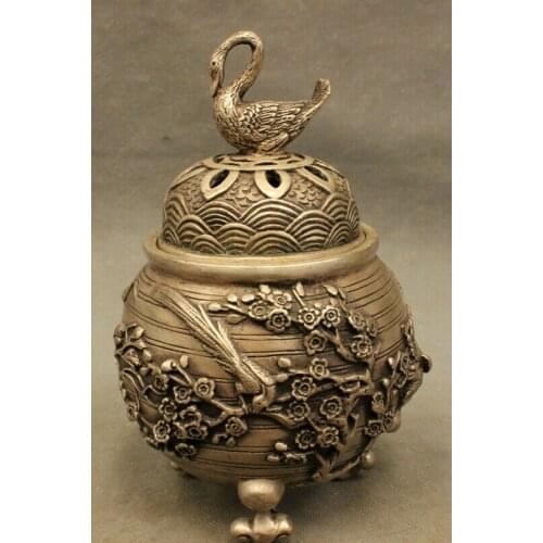 Song voge gem S3104 Chinese Silver Buddhism Duck Peacock Statue Longevity Shou Gourd Incense Burner