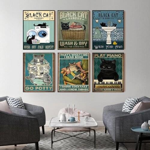 Cartoon Canvas Retro Cat Washing Machine Poster Nordic Style Waterproof Ink Print Art Hd Painting Modern Home Decoration