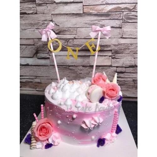 Handmade Hot ONE Baby shower cake bunting Gold Pink theme Birthday Cake topper Pink Bows 1st 2nd party Smash Cake Banner Decor