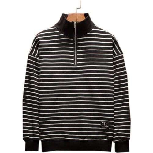 Men stand collar black white striped half zipper hoodies male oversized streetwear pullover sweatshirts autumn loose hip hop