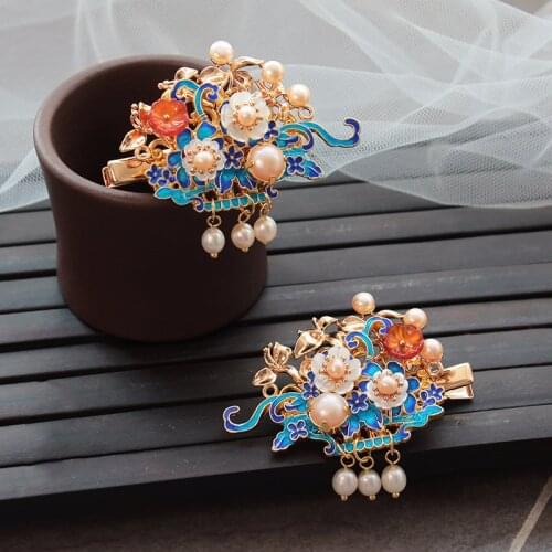 Vintage Freshwater Pearl Hairpins Cloisonne Hair Clip Chinese Style Flower Jewelry Wedding Hair Accessories Headpiece For Girls