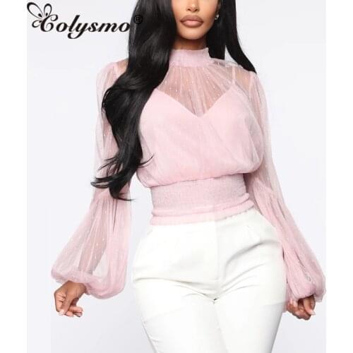Colysmo Pink Blouse Women 2020 Summer Vintage Stand Collar Long Sleeve Sheer Mesh Polka Dot Tops Elegant Office Ladies Clothing